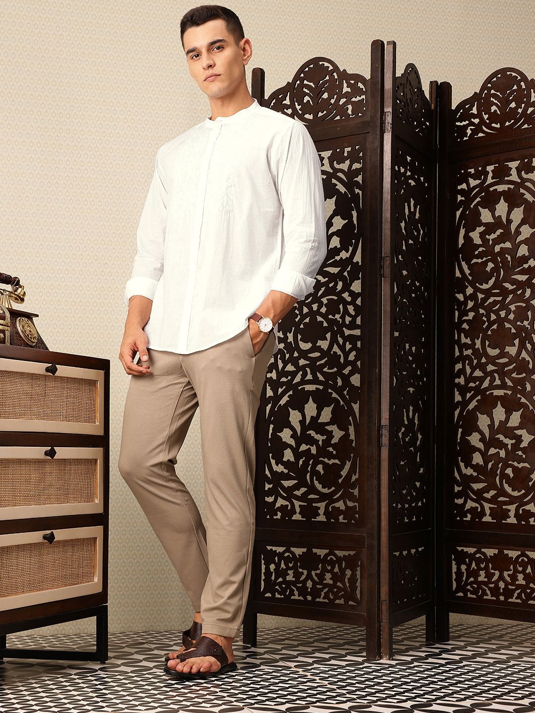 House of Pataudi Embroidered Band Collar Pure Cotton Jashn Shirt