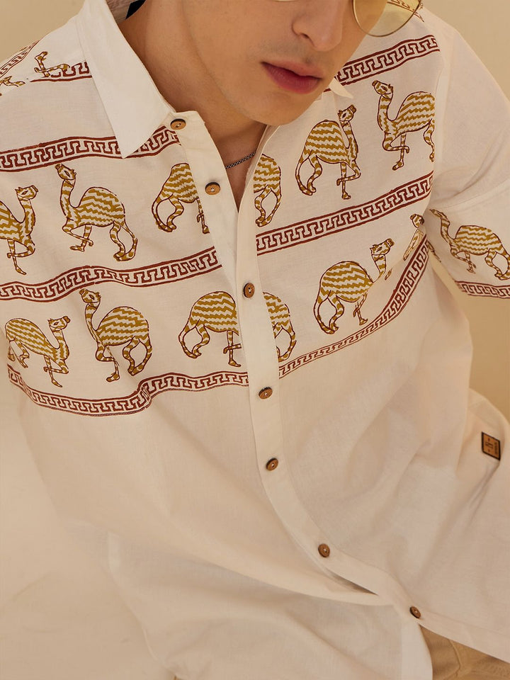 DENNISON Smart Ethnic Motifs Printed Spread Collar Oversized Cotton Casual Shirt