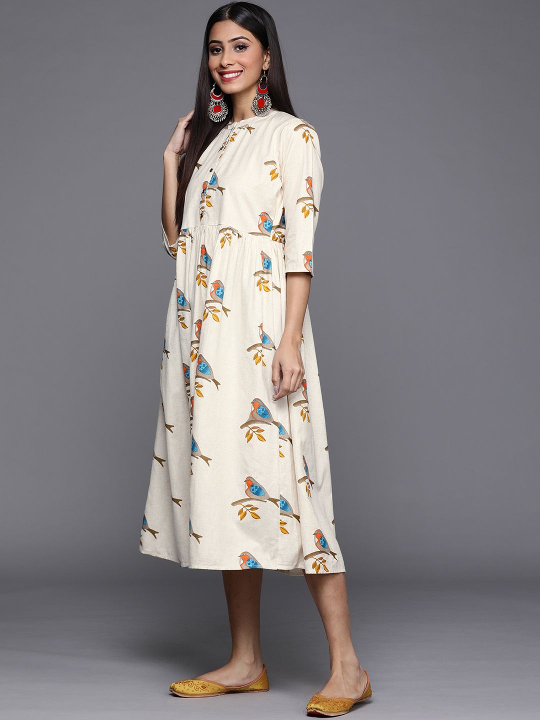 Libas Off White & Blue Bird Print Cotton Midi Fit and Flare Dress