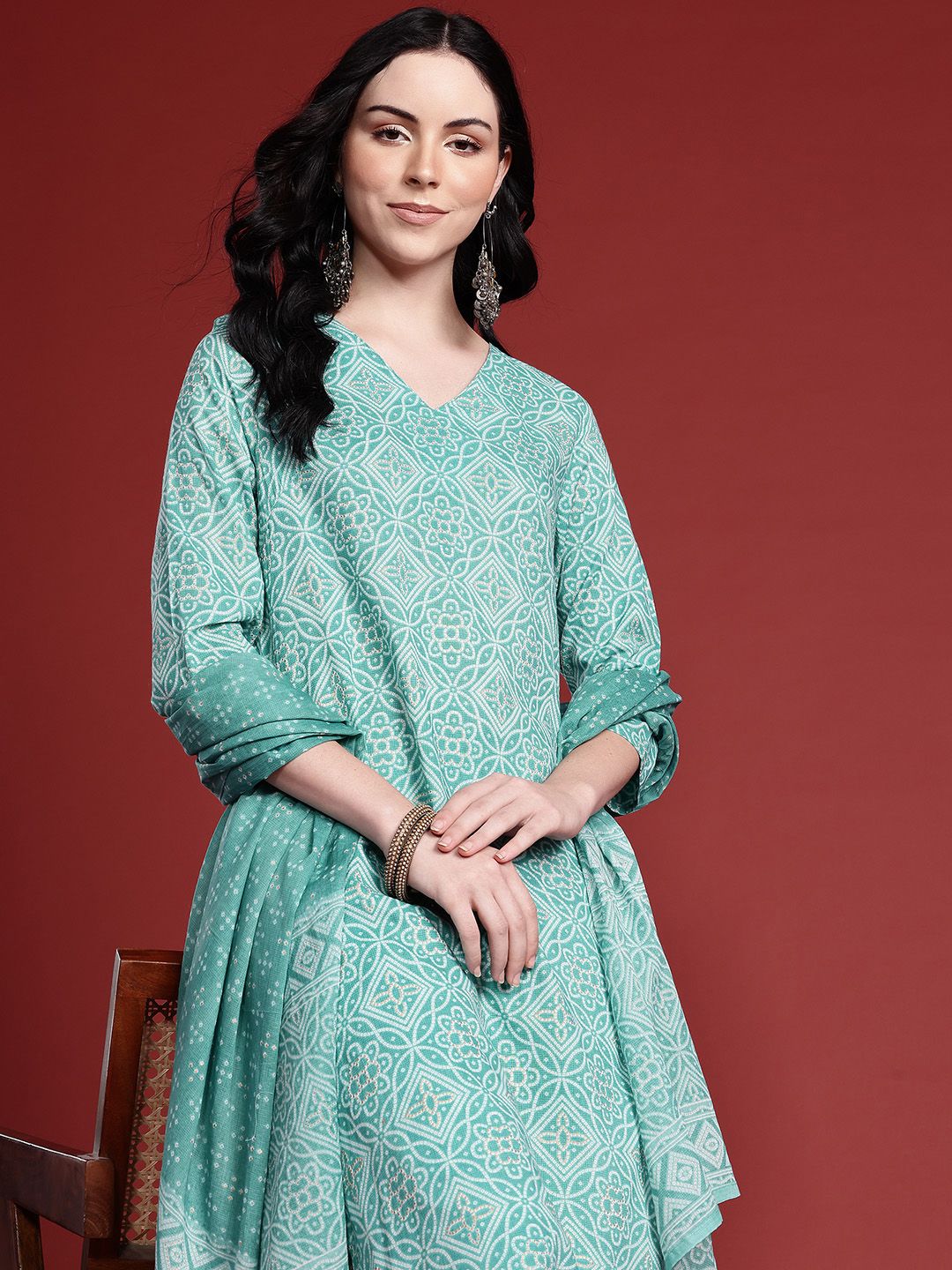 Anouk Geometric Printed Kurta with Trousers & With Dupatta