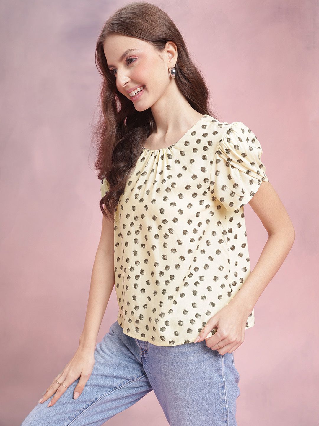 DressBerry Polka Dot Print Puff Sleeves Top