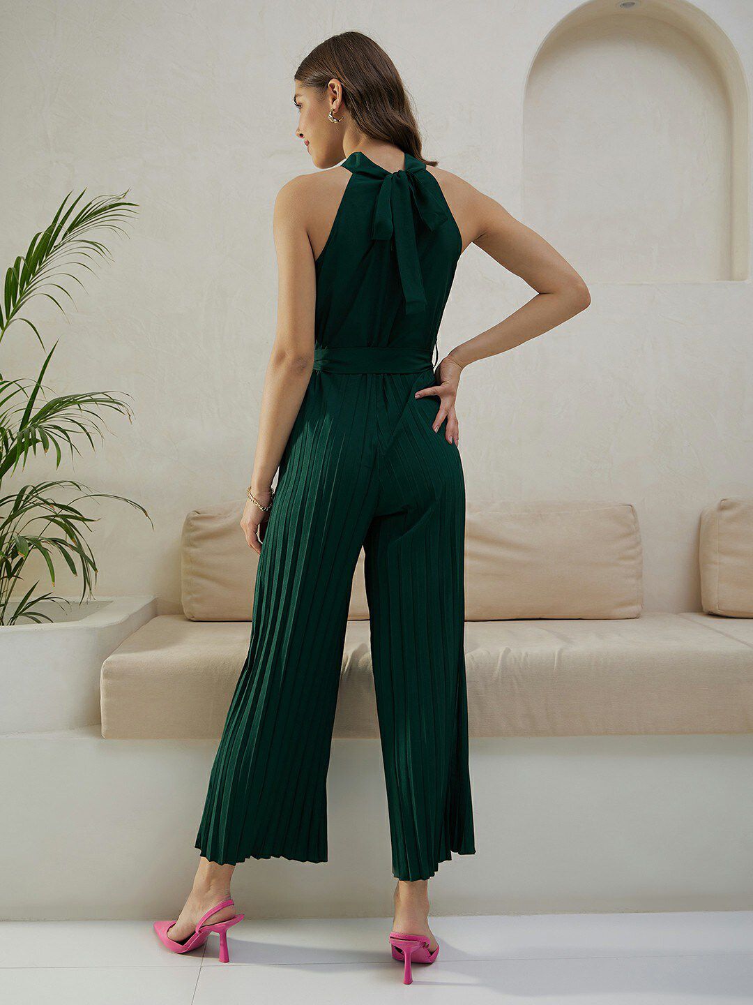 Berrylush Green High Neck Sleeveless Culotte Jumpsuit