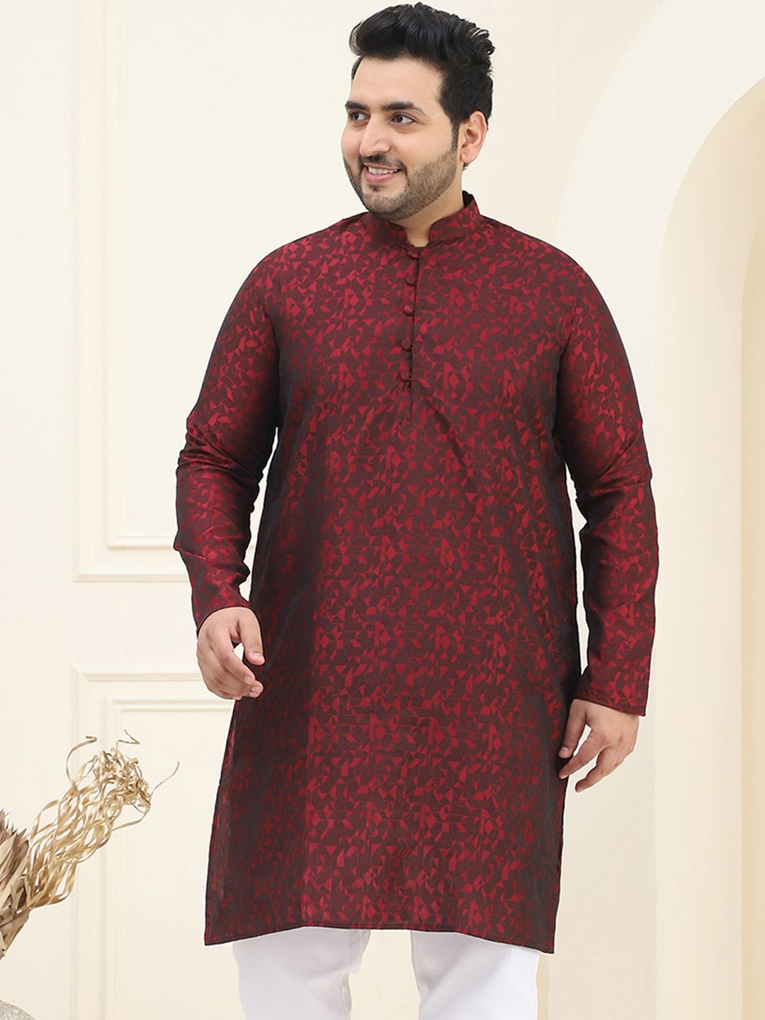 SOJANYA PLUS Lelaki Plus Size Red & Black Woven Design Straight Kurta