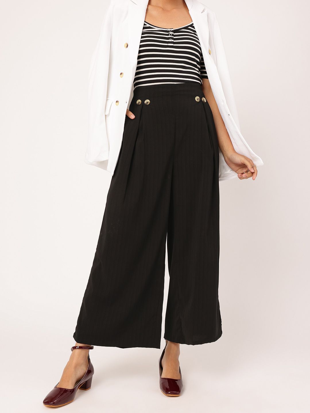 DressBerry Women Button-Detail High-Rise Pleated Flared Trousers