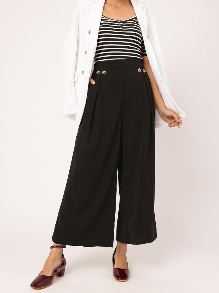 DressBerry Women Button-Detail High-Rise Pleated Flared Trousers