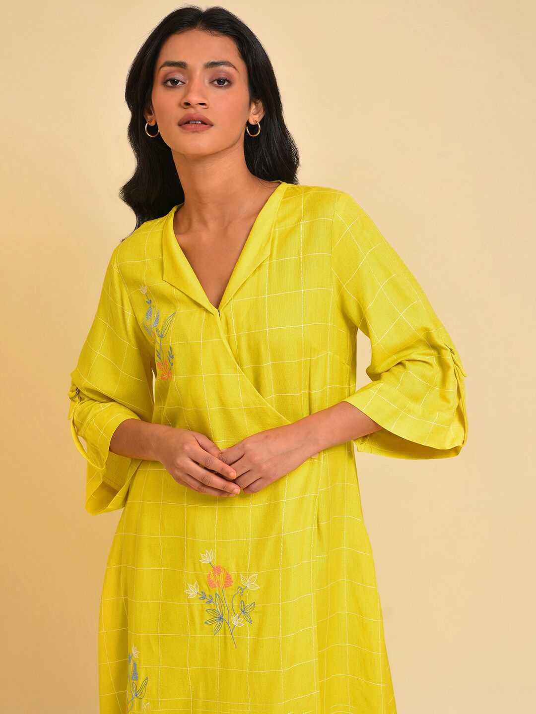 W Yellow Floral Printed A-Line Angrakha Kurta