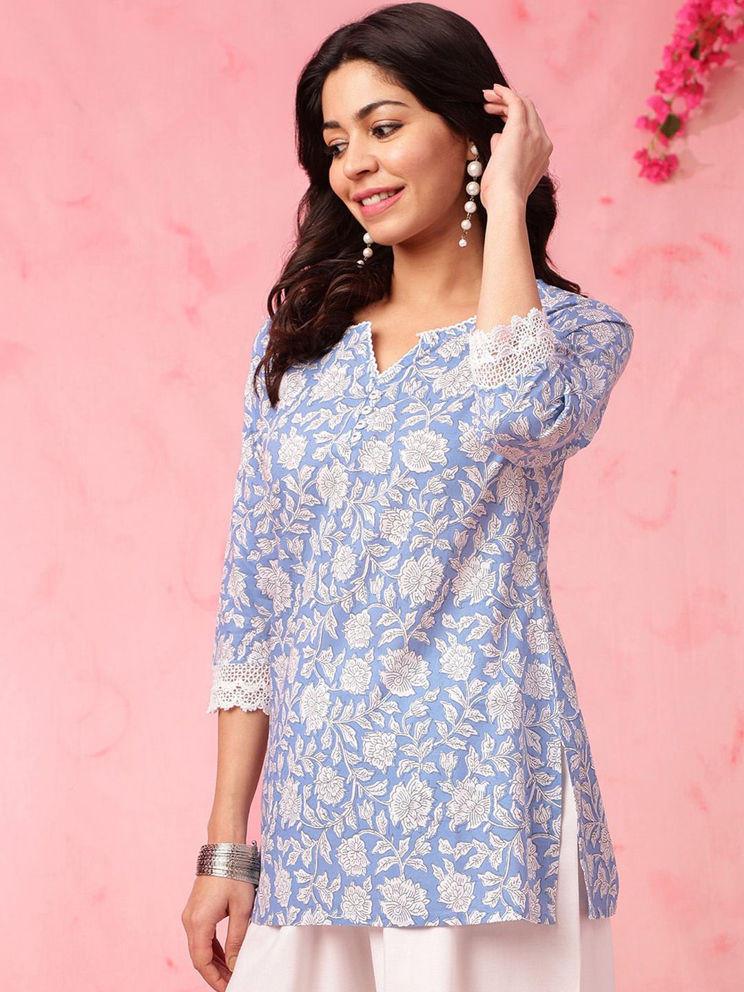 Anouk Blue Floral Printed Straight Pure Cotton Short Kurti
