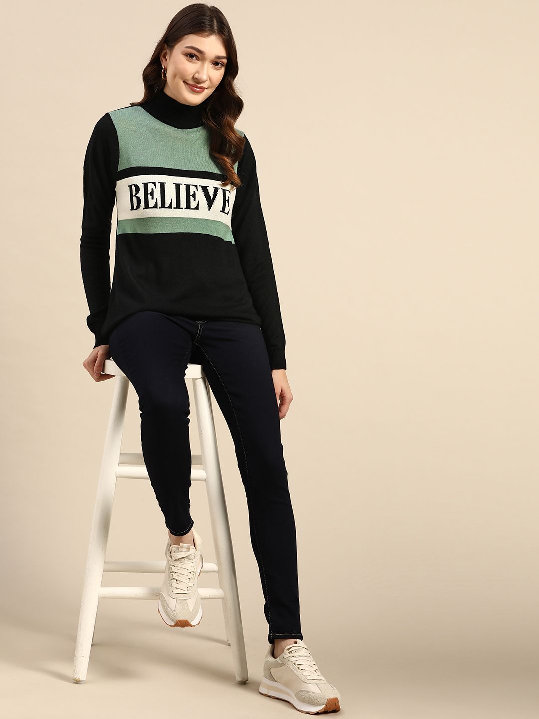 all about you Women Black & Sage Green Typography Acrylic Pullover