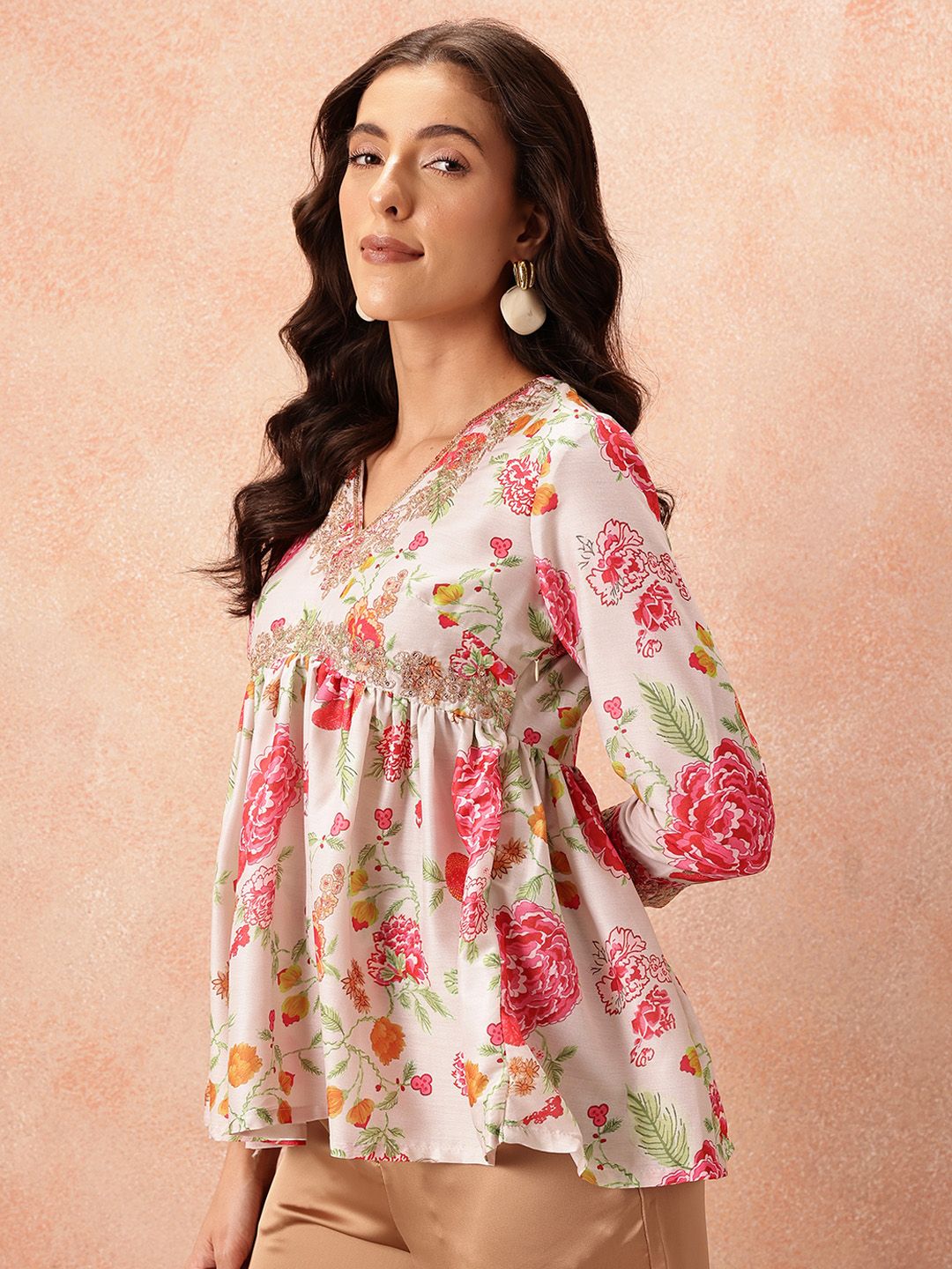 all about you Floral Print V-Neck Sequined Empire Kurti