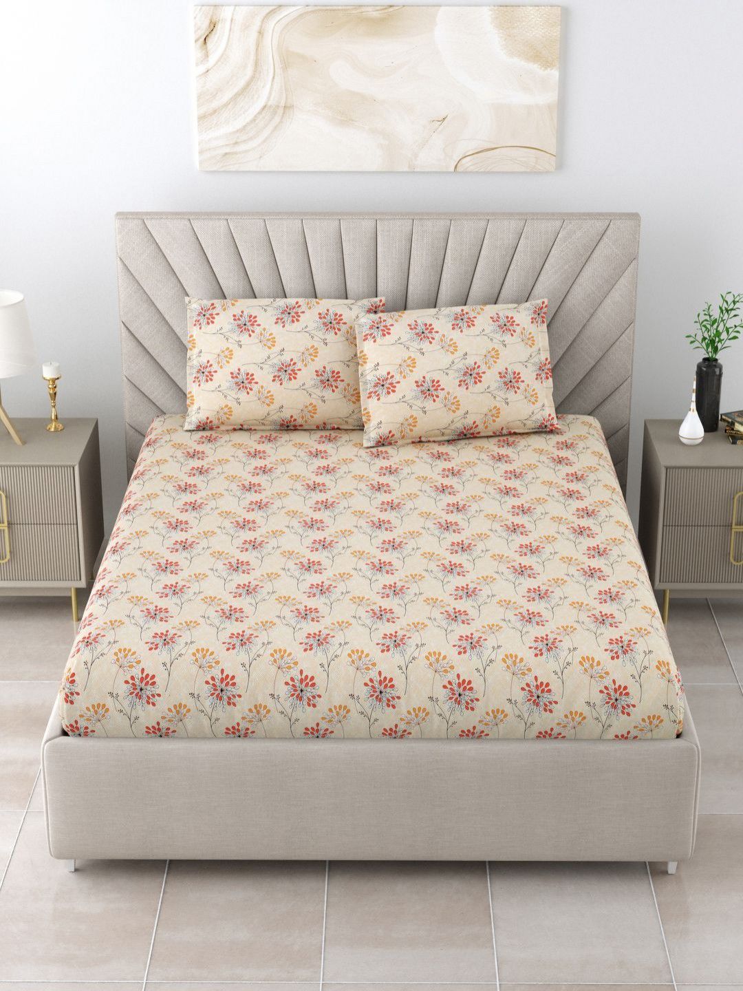 BOMBAY DYEING Epigram Mustard Printed Pure Cotton 120 TC Queen Bedsheet Set 2.24 X 2.54 m