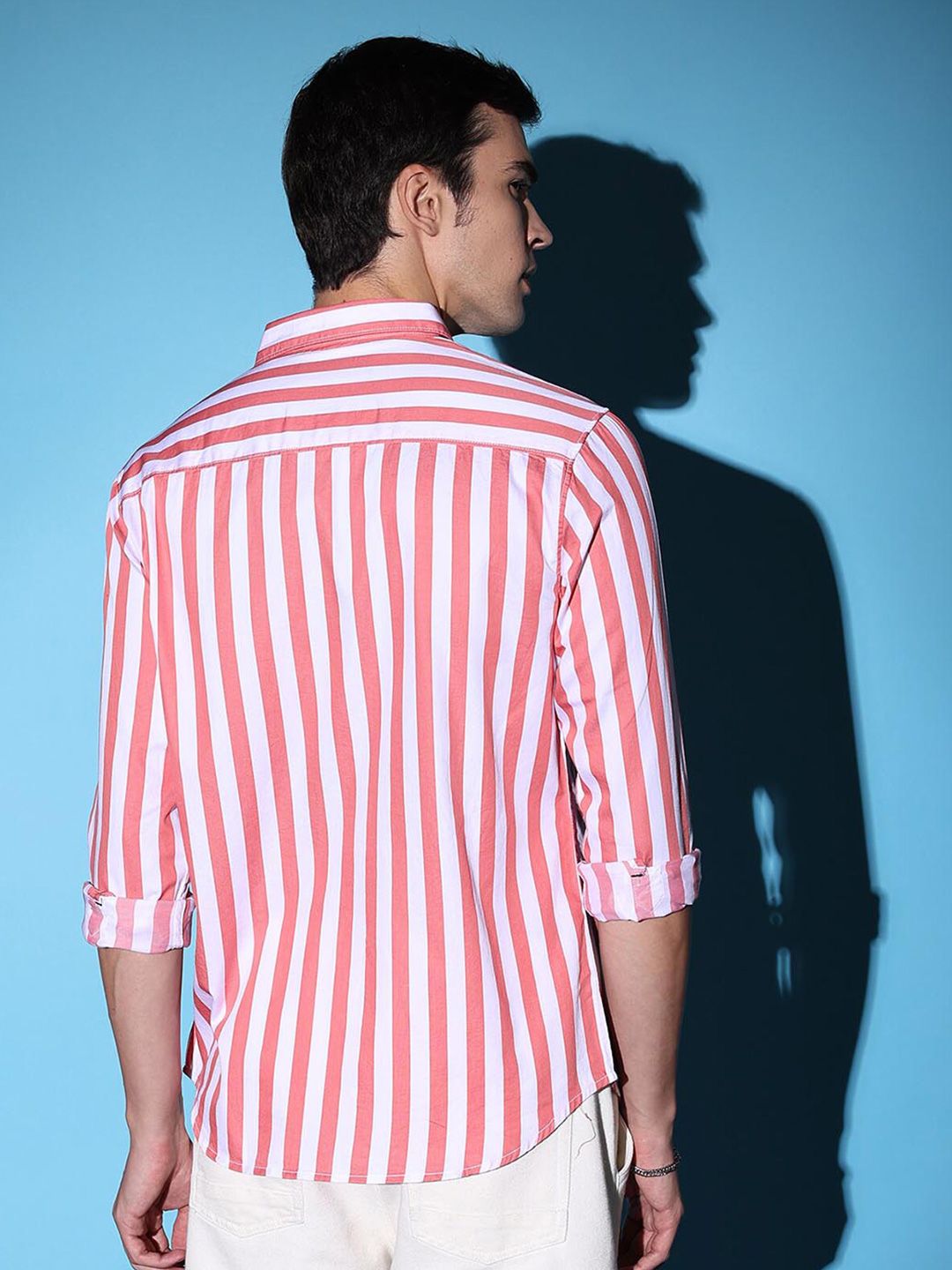The Indian Garage Co Pink Slim Fit Vertical Striped Spread Collar Cotton Casual Shirt