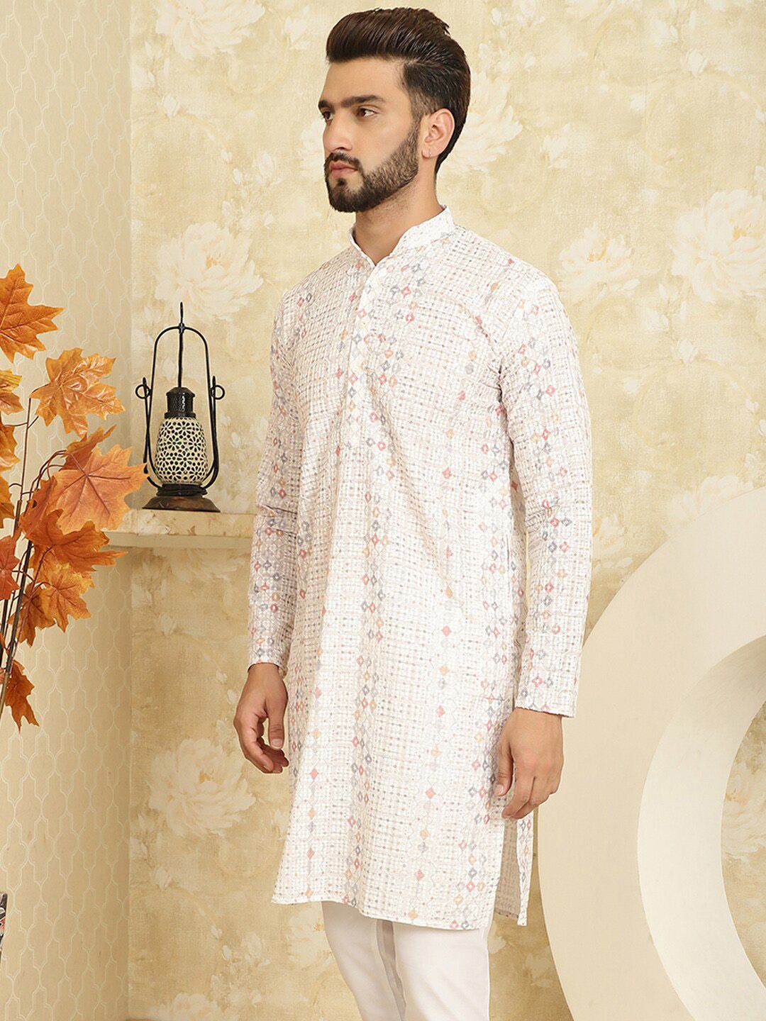 SOJANYA Kurta Katun Tulen Bersulam Geometrik Kolar Mandarin Lurus