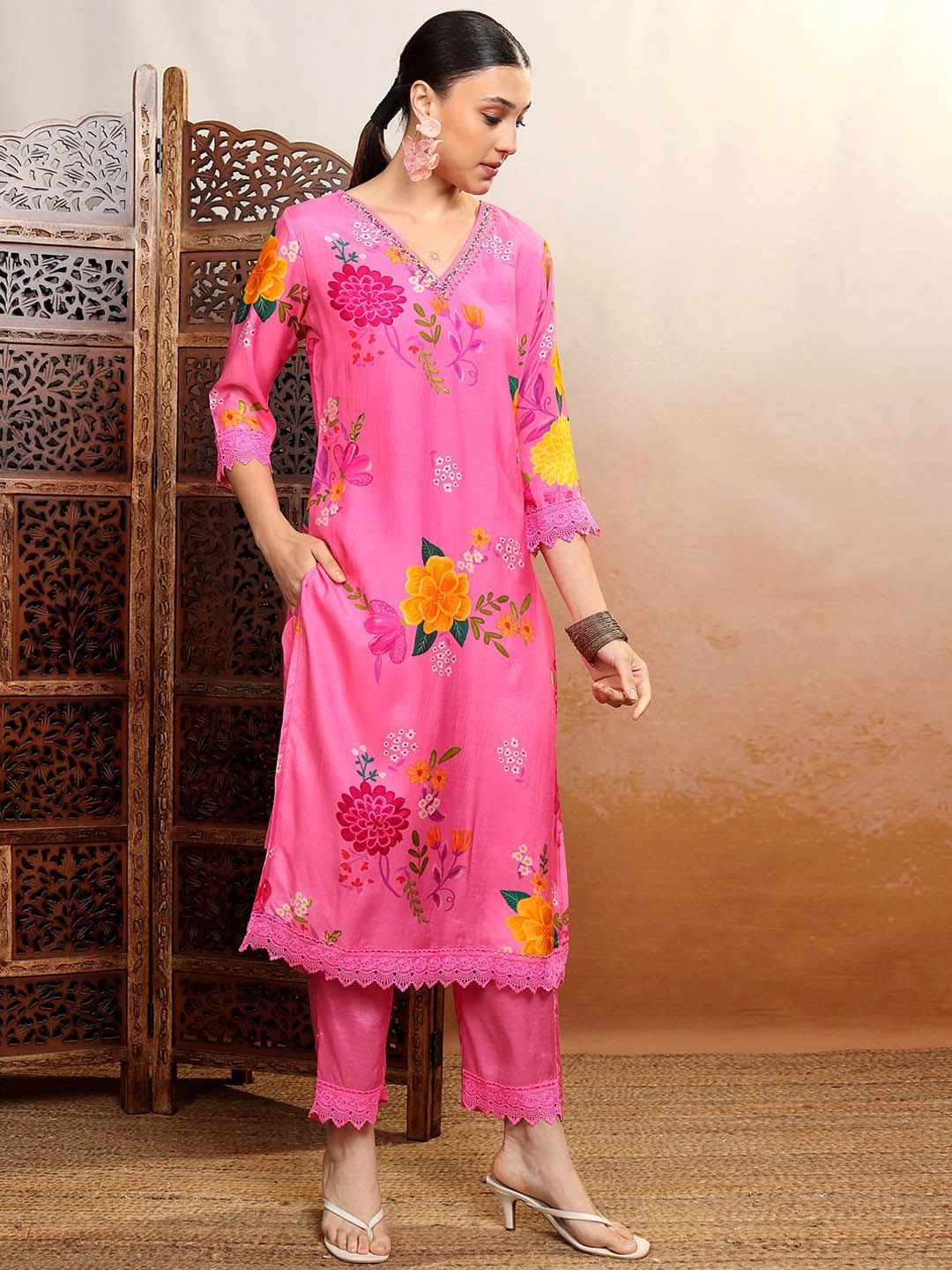 Vishudh Pink Floral Printed Gotta Patti Straight Kurta With Trousers & Dupatta