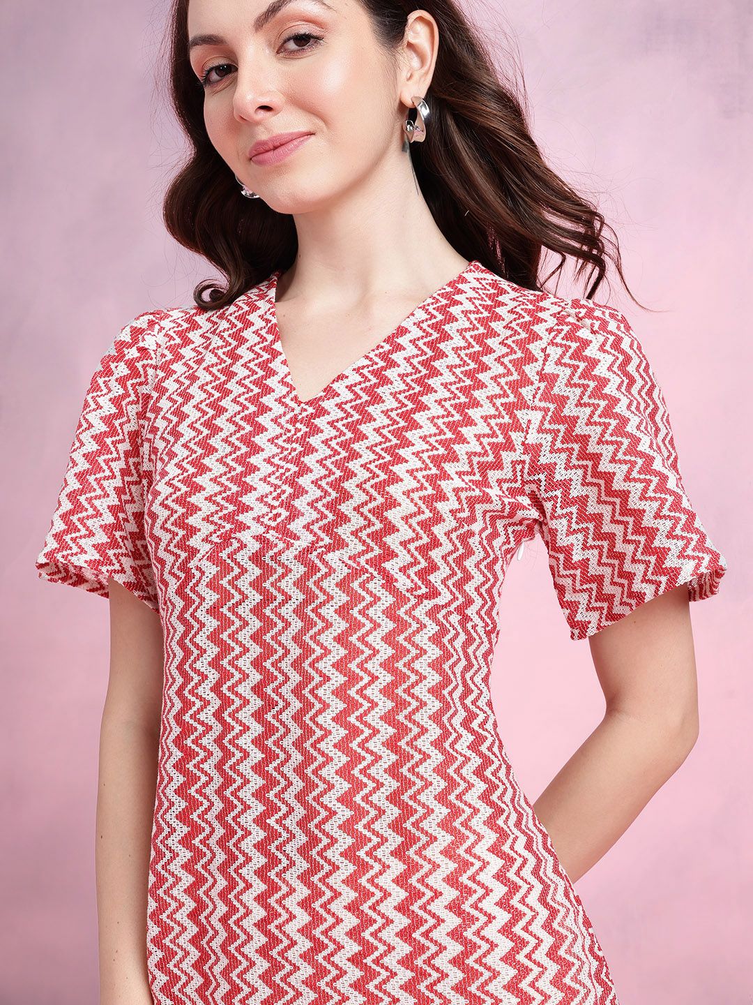 DressBerry Chevron Self-Design Bell Sleeves Crochet Empire Midi Dress