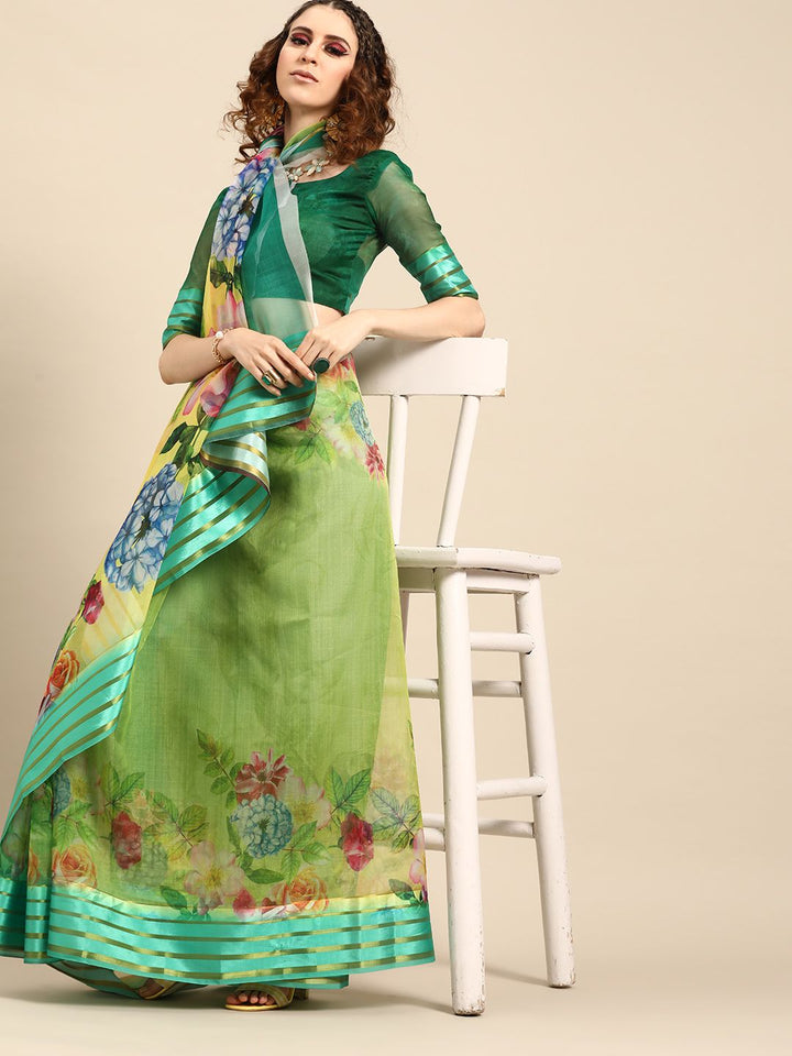 Saree mall Green & Yellow Floral Print Saree