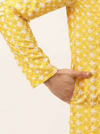 SOJANYA Men Yellow & White Embroidered Thread Work Kurta with Churidar & Nehru Jacket