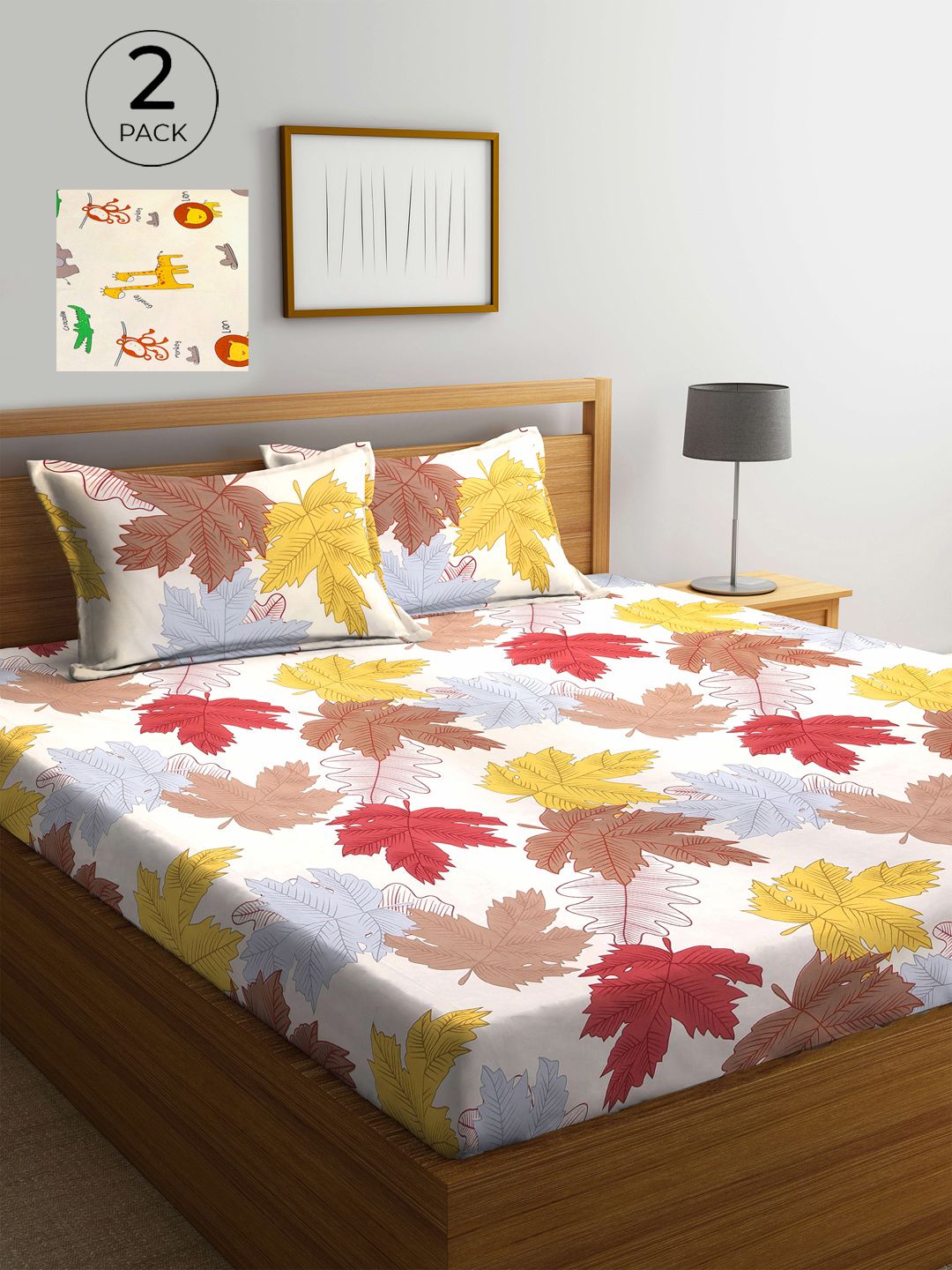 KLOTTHE Set of 2 Cream & Orange Floral 300 TC King Bedsheet with 4 Pillow Covers