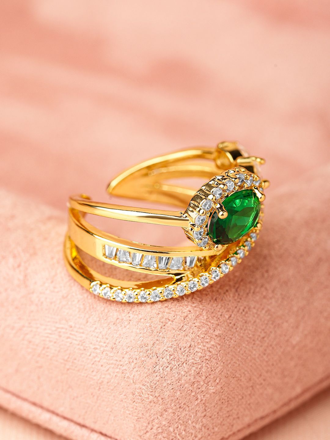 Rubans 18k emas bersalut zirkon hijau & padu zirkonia yang disatukan cincin penyata laras