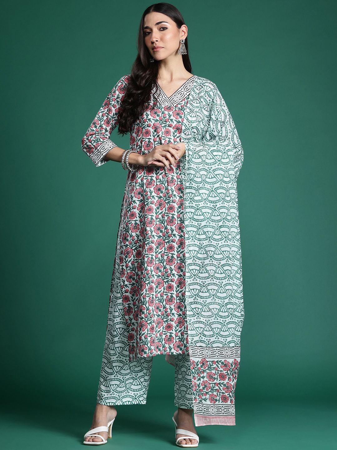 Indo Era Floral Printed Pure Cotton Kurta with Trousers & With Dupatta