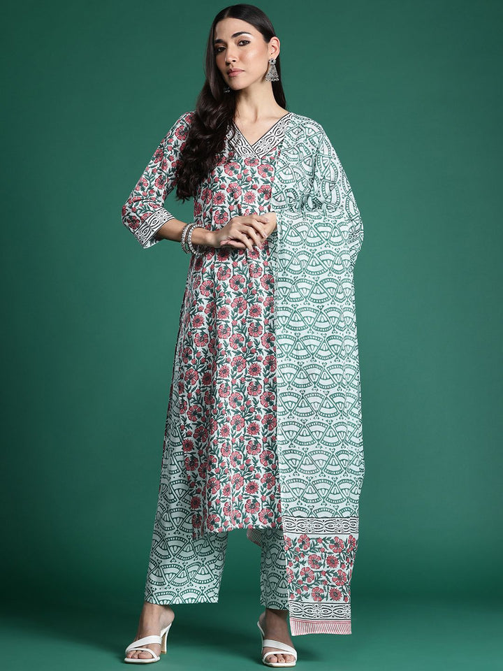 Indo Era Floral Printed Pure Cotton Kurta with Trousers & With Dupatta