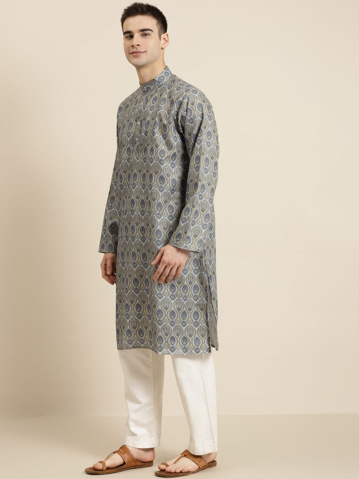 SOJANYA Lelaki Kelabu & Kuning Kapas Tulen Motif Etnik Bercetak Kurta