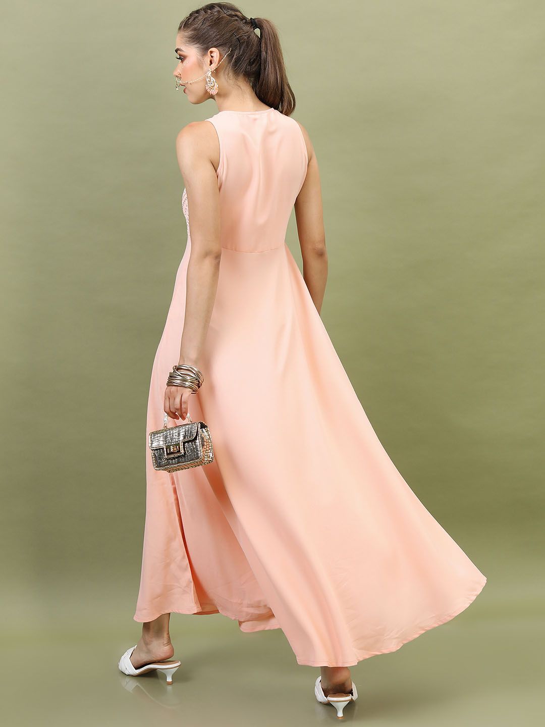 Vishudh Women Printed Peach Maxi Dress