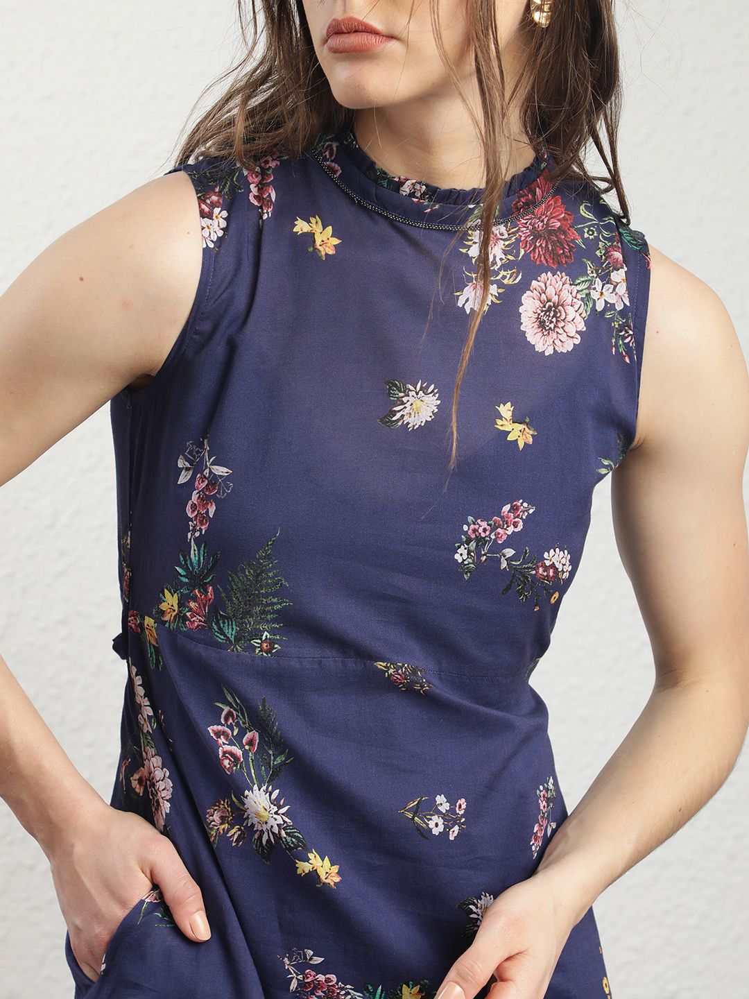 RAREISM High Neck Floral Printed A-Line Dress