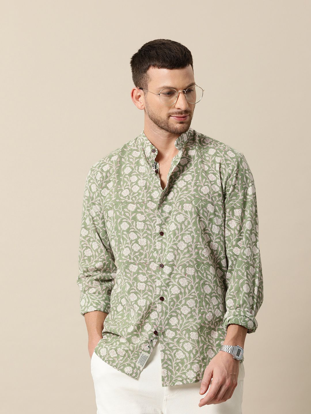 Mr Bowerbird Men Green & White Gul Summer Tailored Fit Casual Shirt