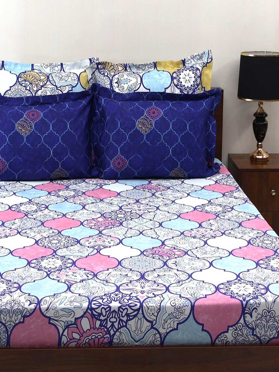 Bombay Dyeing Celebrating India Blue Print 300TC Cotton King Bedsheet & 4 Pillow Cover