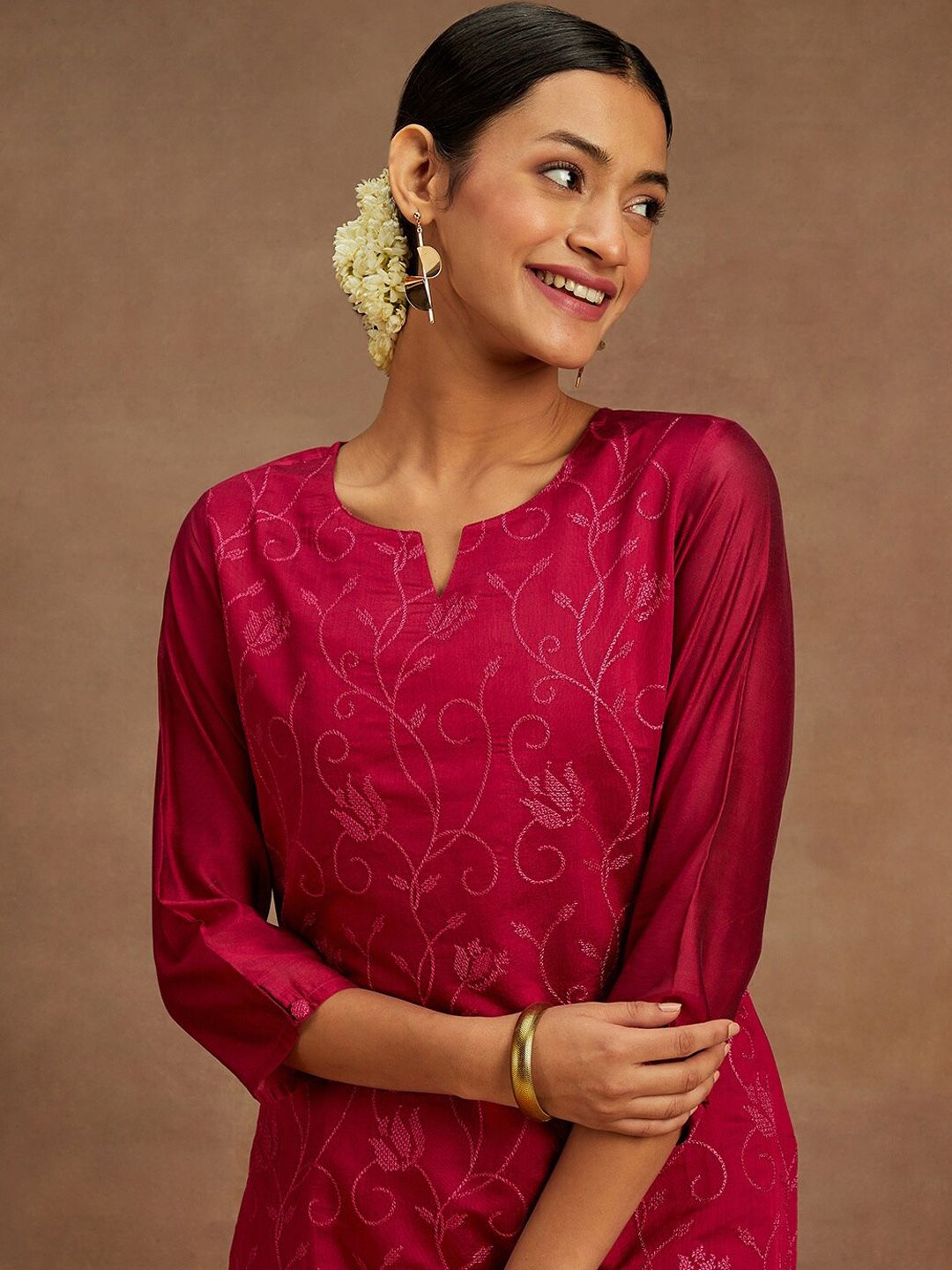 Libas Floral Printed Thread Work Chanderi Silk Kurta