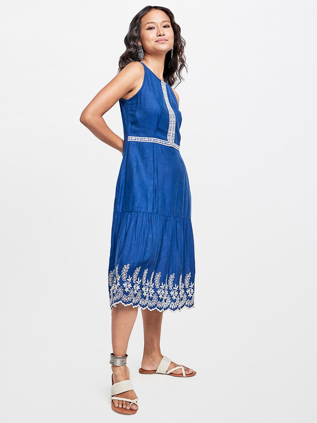 Global Desi Embroidered Round Neck A-Line Midi Dress