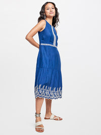 Global Desi Embroidered Round Neck A-Line Midi Dress