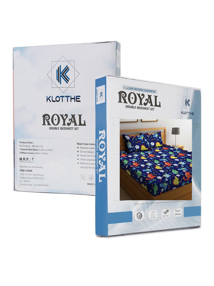 Klotthe Kids Blue Print 300 TC Cotton Blend double King Bed Sheet dengan 2 penutup bantal