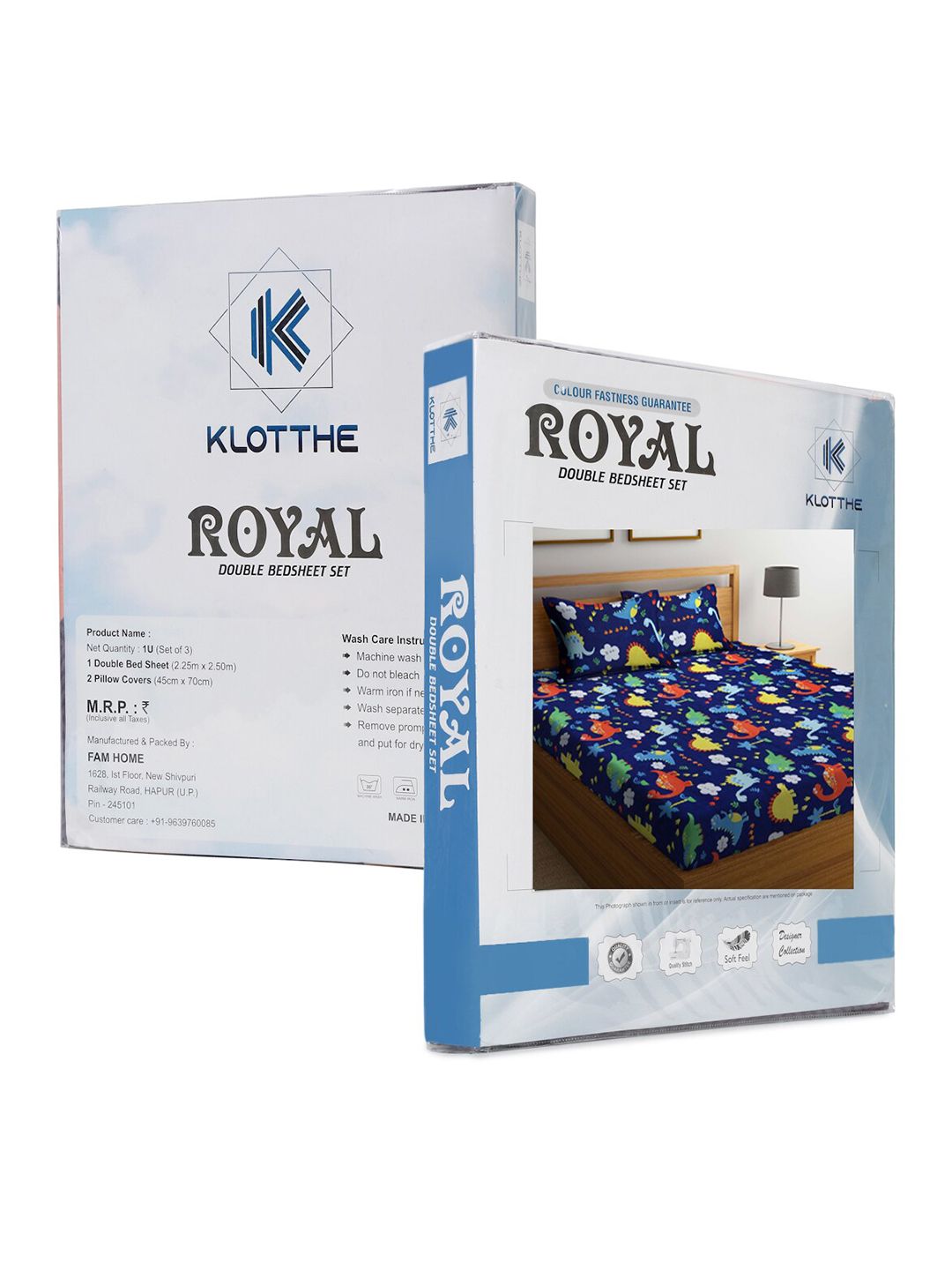 Klotthe Kids Blue Print 300 TC Cotton Blend double King Bed Sheet dengan 2 penutup bantal