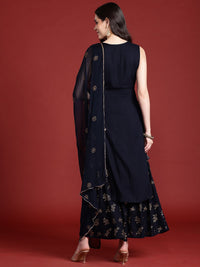 Anouk Ethnic Printed Yoke Embroidered Layered Kurta with Dupatta