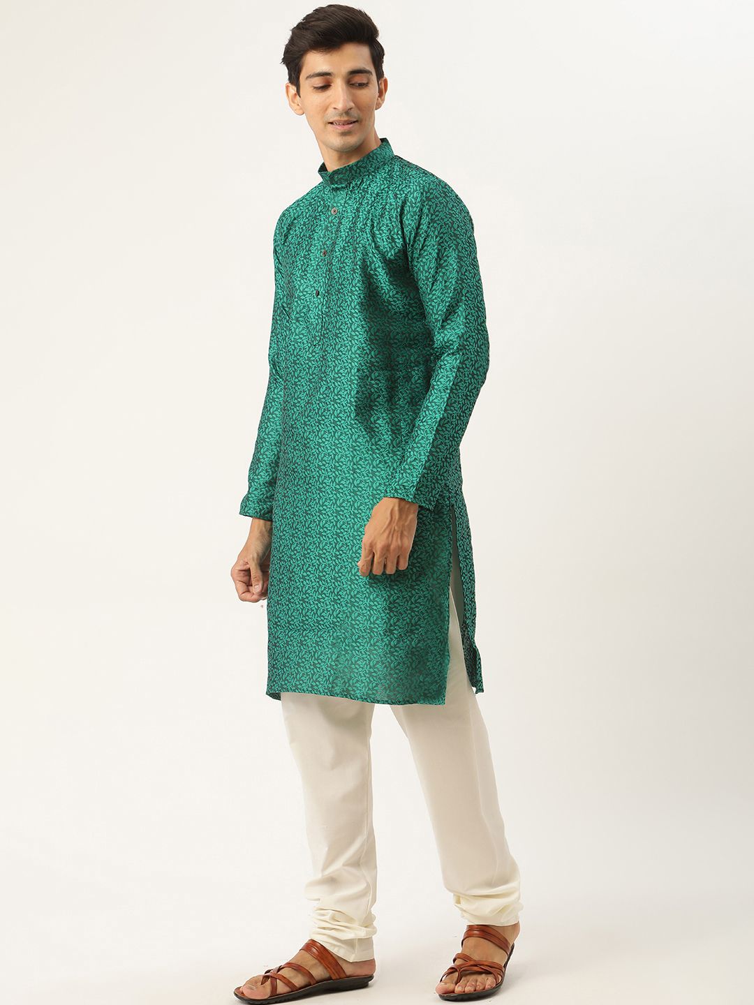 SOJANYA Kurta Motif Etnik Hijau & Kuning Mustard Lelaki dengan Jaket Churidar & Nehru