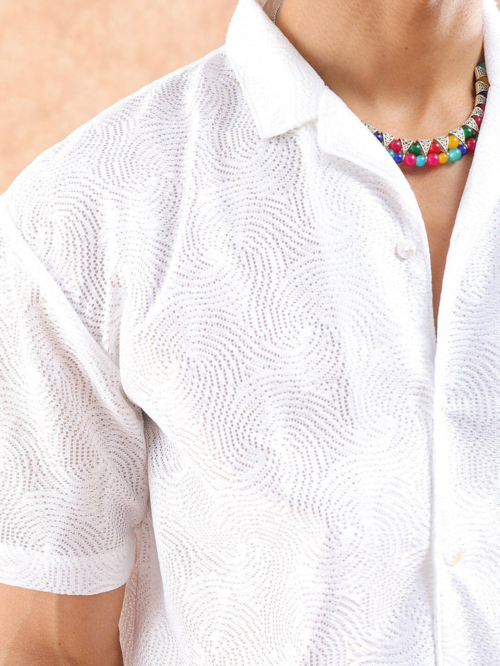 The Indian Garage Co Men Relaxed Fit Solid Warp Knit Lace Resortwear Shirt