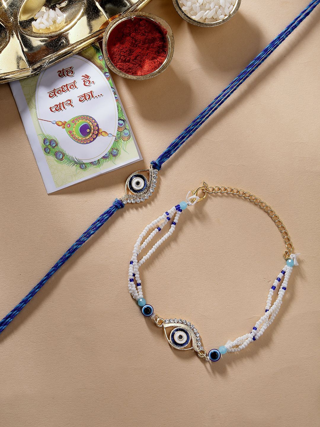 NVR Set of 2 Evil Eye Beaded Thread & Wraparound Rakhis With Roli Chawal