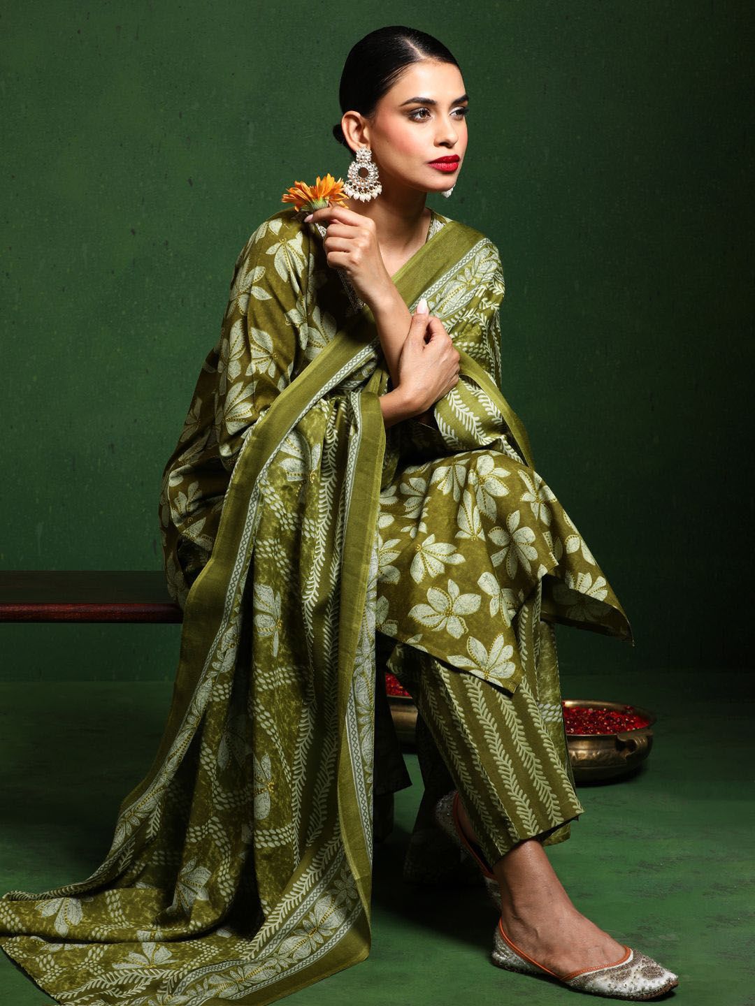 Varanga Floral Printed V-Neck Straight Kurta With Trousers And Dupatta