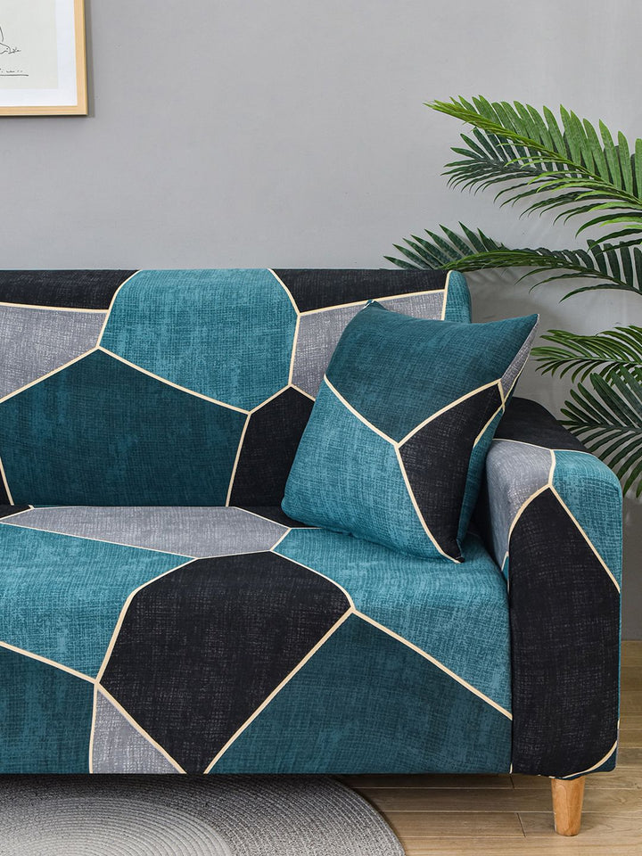 Story@home Blue & Black Printed 3 Seater Stretchable Sofa Cover With Arms