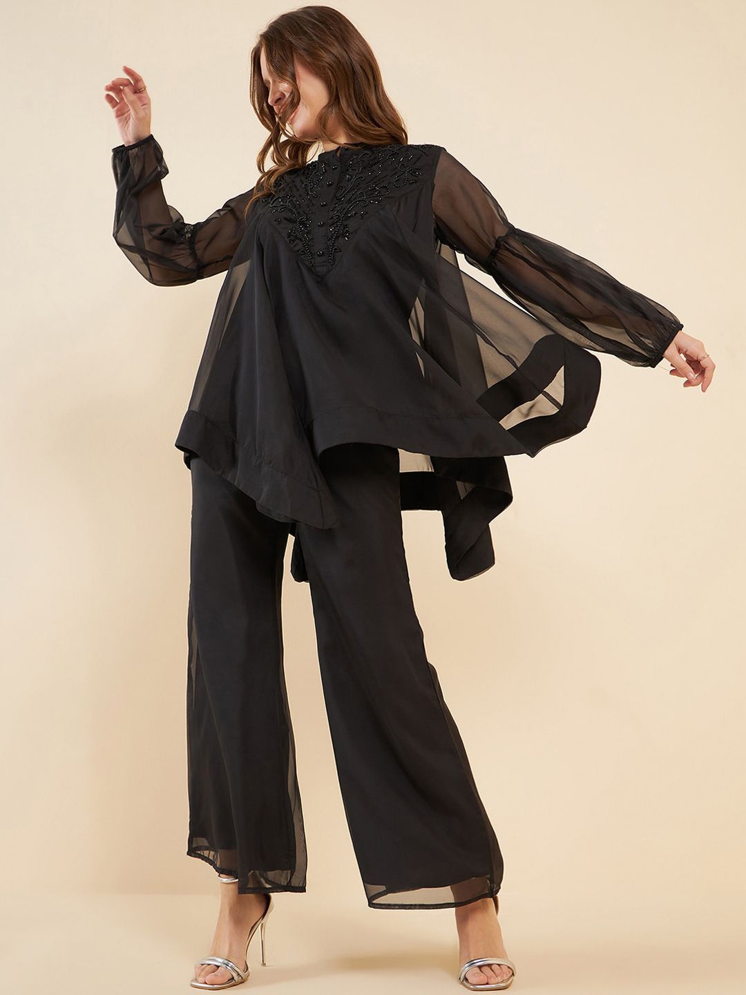 Antheaa Black Embellished Mandarin Collar Asymmetric Hem Organza Tunic With Palazzos
