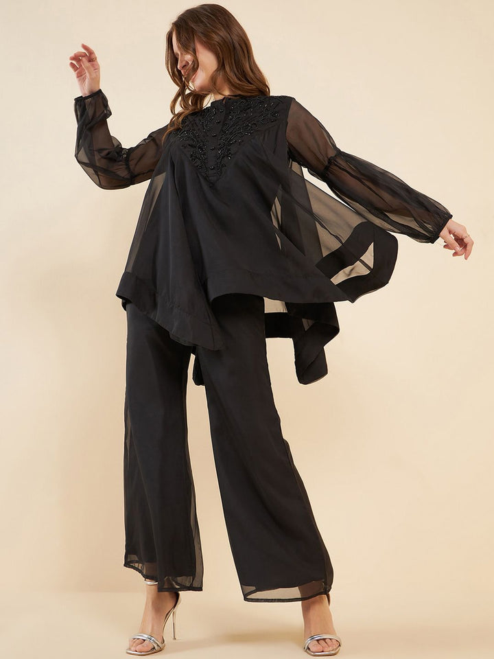 Antheaa Black Embellished Mandarin Collar Asymmetric Hem Organza Tunic With Palazzos