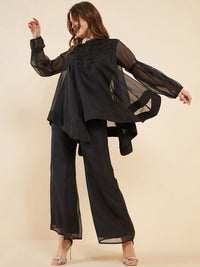 Antheaa Black Embellished Mandarin Collar Asymmetric Hem Organza Tunic With Palazzos