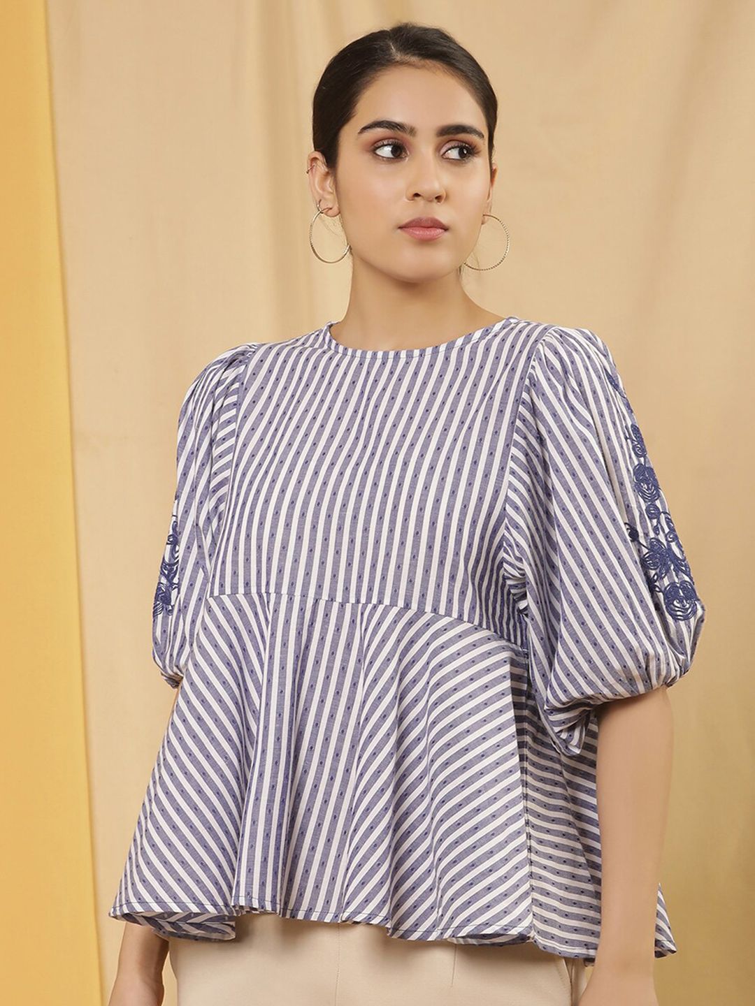 W Vertical Striped Puff Sleeves Cotton Peplum Top