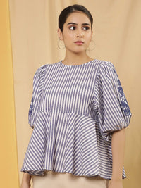 W Vertical Striped Puff Sleeves Cotton Peplum Top