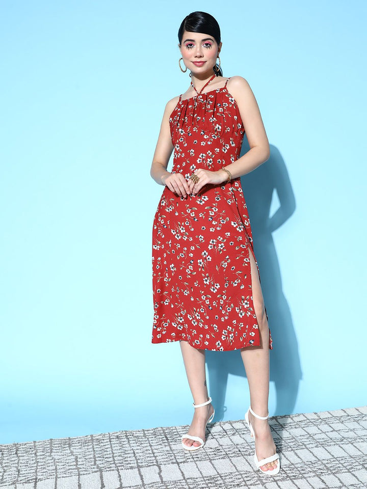 Berrylush Red & White Floral Ruched Bust Slit Hem Cami Dress