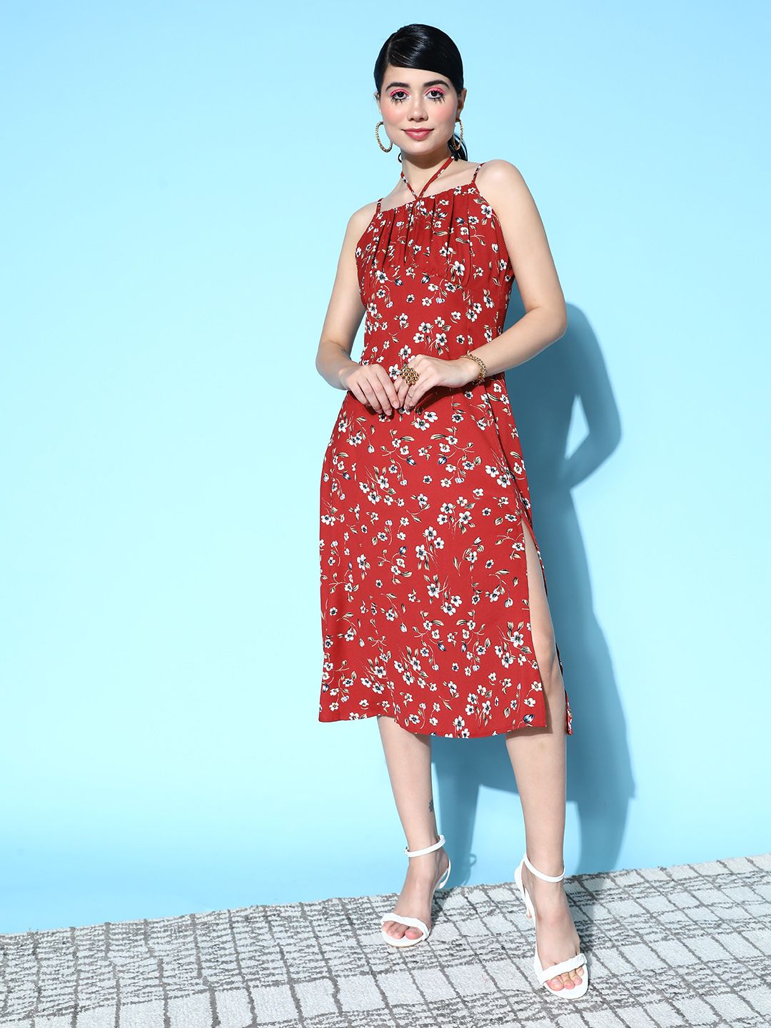 Berrylush Red & White Floral Ruched Bust Slit Hem Cami Dress