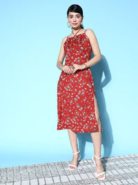Berrylush Red & White Floral Ruched Bust Slit Hem Cami Dress