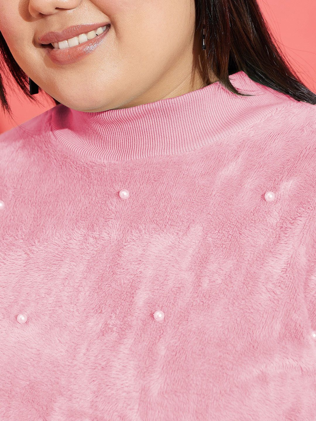 SASSAFRAS Curve Plus Size Embellished High Neck Long Sleeve Fleece Pullover Sweatshirt
