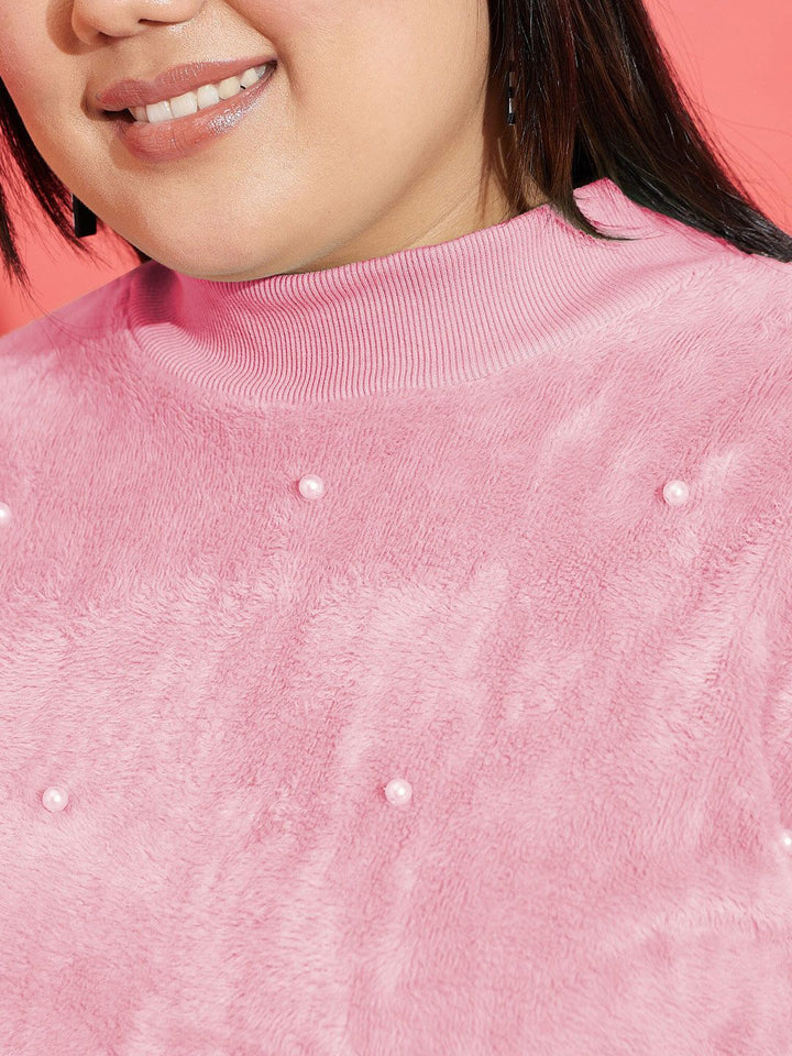 SASSAFRAS Curve Plus Size Embellished High Neck Long Sleeve Fleece Pullover Sweatshirt